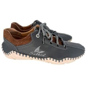 Salkin Italian Leather Barefoot Shoes Navy Brown Corduroy Whipstitch EU 44 US 11